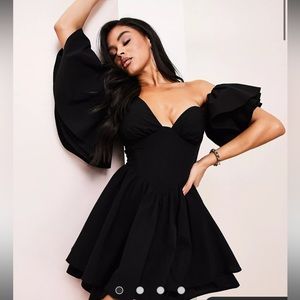 ASOS LUXE one shoulder cotton dress with corset detail and ruffles in black